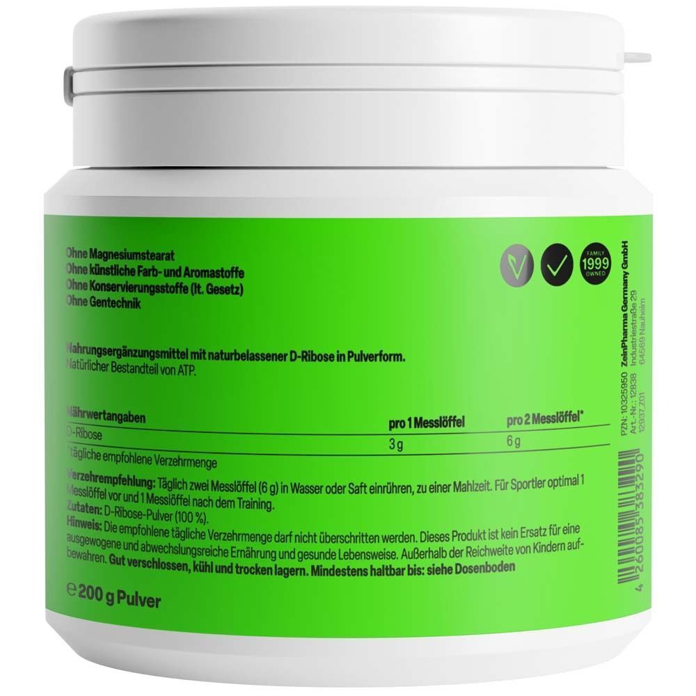Rückseite eines Zein Pharma D-Ribose Pulver Behälters mit Nährwertangaben.