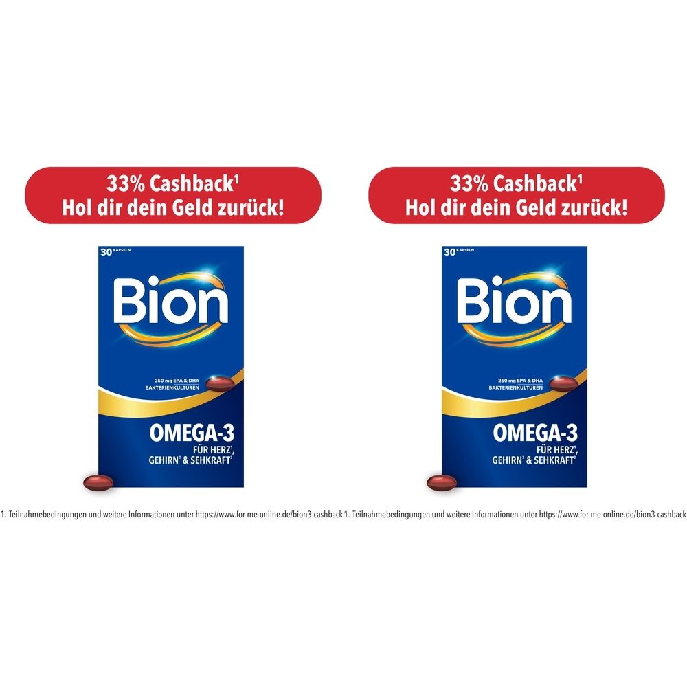 Zwei blaue Schachteln mit Bion Omega-3. Oben steht „33% Cashback“. Aufschrift: Omega-3 für Herz, Gehirn & Sehkraft.