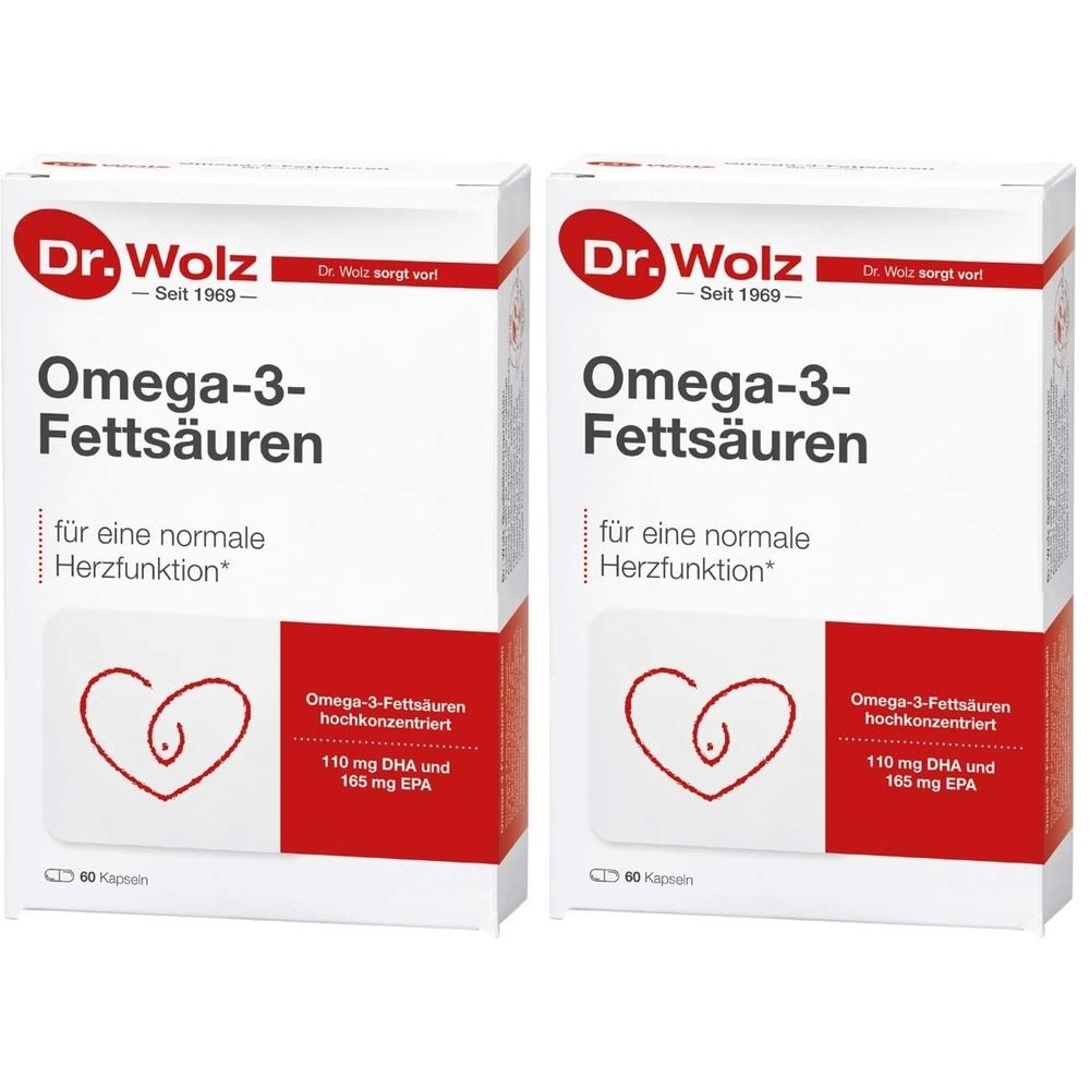 Zwei Kartons mit Omega-3-Fettsäuren von Dr. Wolz. Aufdruck: 110 mg DHA und 165 mg EPA. Herzsymbol.