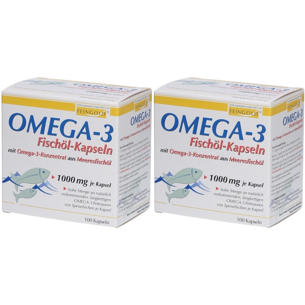 Zwei Schachteln Omega-3 Fischöl-Kapseln. Weiße Verpackung mit gelben Akzenten. Aufschrift: OMEGA-3 Fischöl-Kapseln, 1000 mg pro Kapsel.