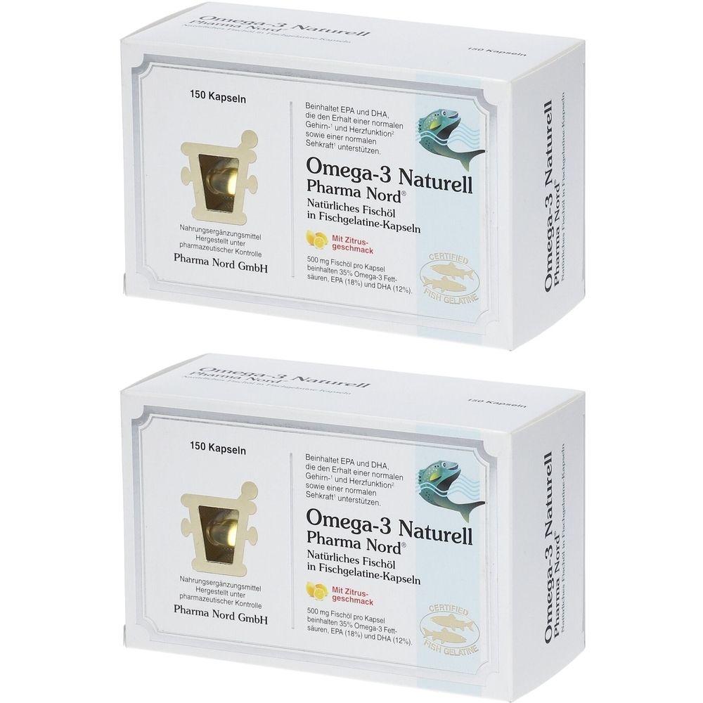 Zwei weiße Kartons mit Omega-3 Naturell Pharma Nord. Aufschrift: 150 Kapseln. Fischöl in Fischgelatine-Kapseln.