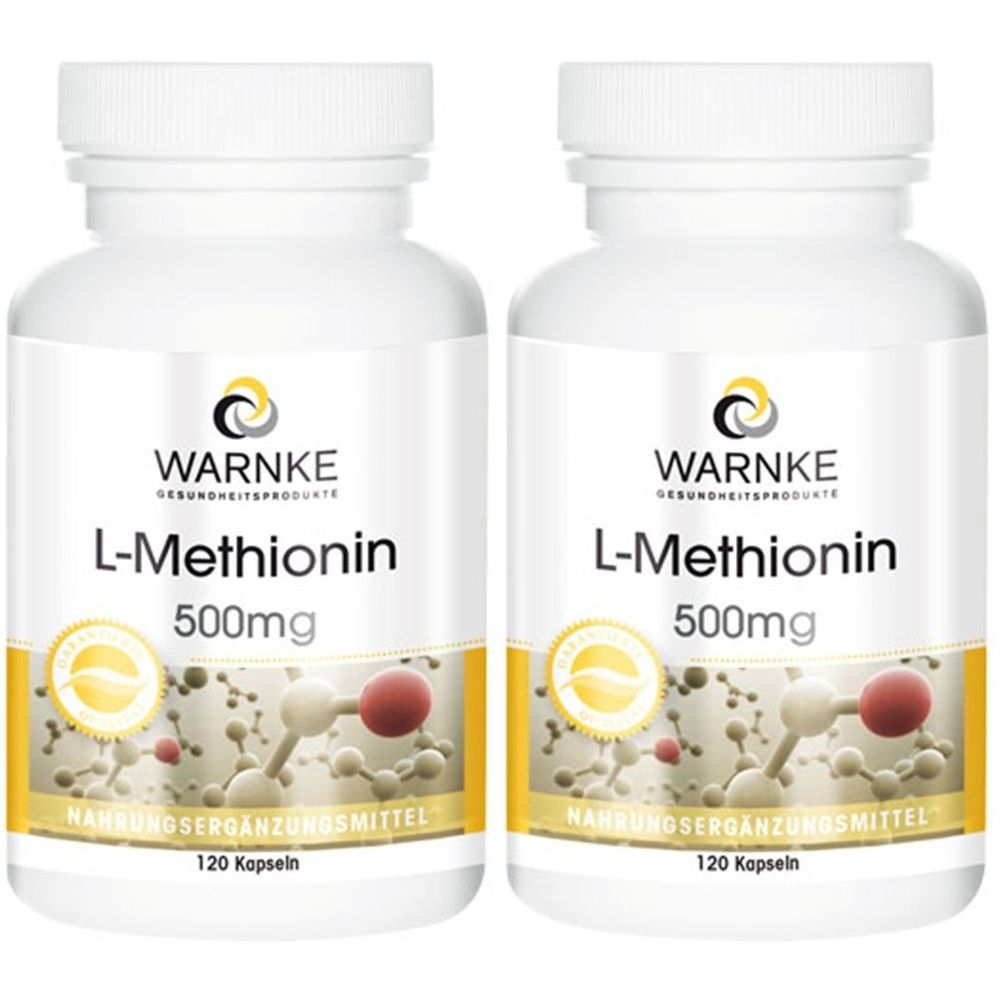 Zwei weiße Flaschen mit Etiketten. Aufschrift: WARNKE, L-Methionin, 500mg, Nahrungsergänzungsmittel, 120 Kapseln.