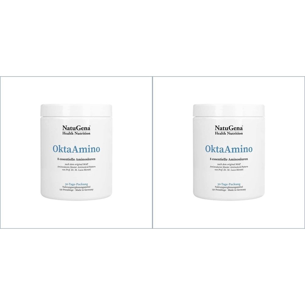 Zwei weiße Dosen mit dem Aufdruck "NatuGena OktaAmino". Text: 8 essentielle Aminosäuren. Verpackung für 30 Tage.