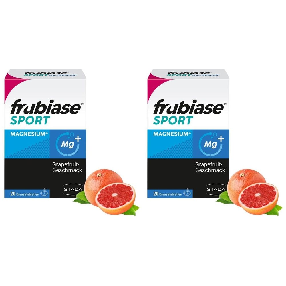Zwei Schachteln frubiase® SPORT MAGNESIUM mit Grapefruit-Geschmack. Auf jeder Schachtel sind 20 Brausetabletten abgebildet. Daneben sind Grapefruits und Blätter zu sehen.