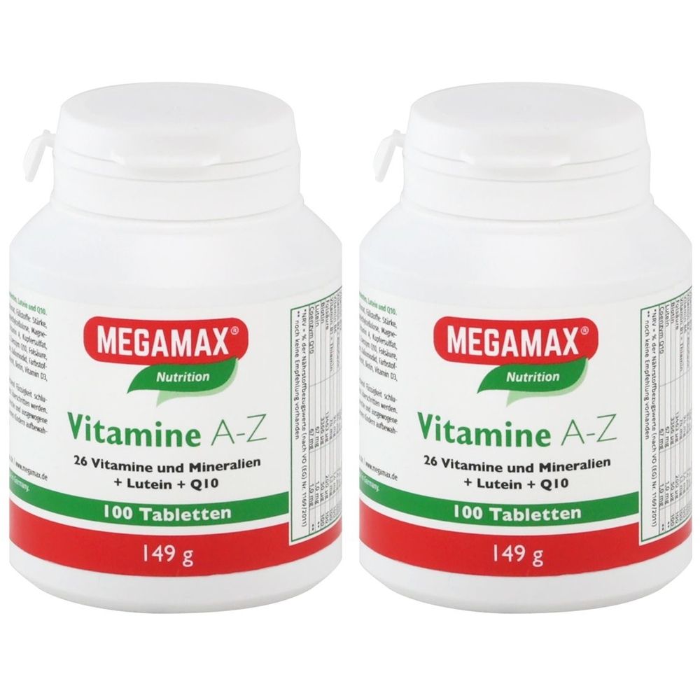 Zwei weiße Flaschen mit Schraubverschluss. Aufschrift: MEGAMAX Nutrition Vitamine A-Z, 100 Tabletten, 149 g.