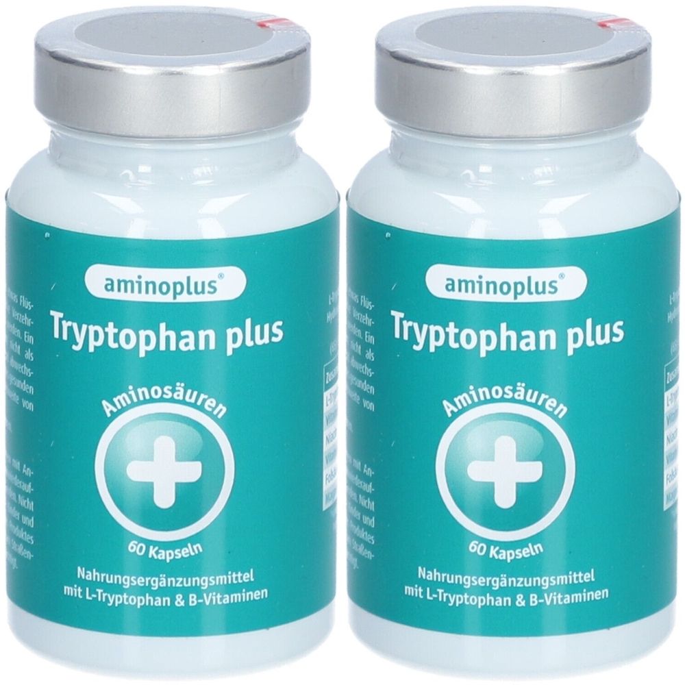Zwei Flaschen mit "aminoplus Tryptophan plus". Jede Flasche enthält 60 Kapseln. Aufschrift: Nahrungsergänzungsmittel mit L-Tryptophan & B-Vitaminen.