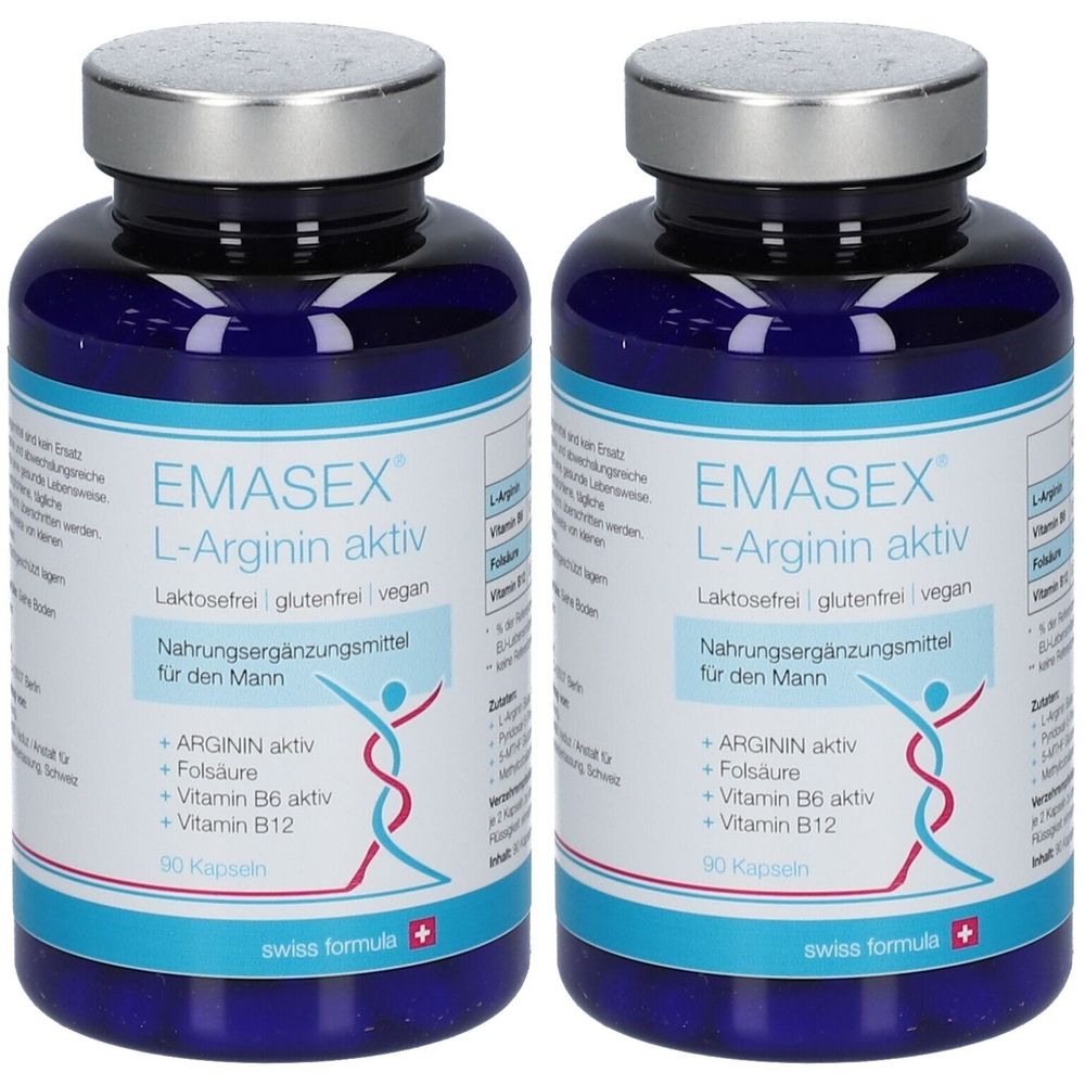 Zwei blaue Flaschen mit silbernen Deckeln. Aufschrift: EMASEX L-Arginin aktiv. Nahrungsergänzungsmittel für den Mann. 90 Kapseln. Swiss Formula.