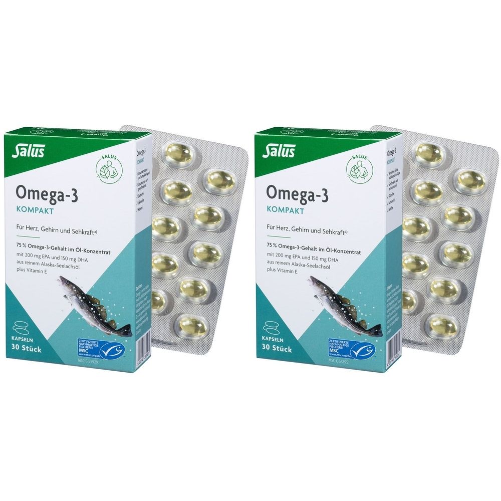 Zwei Packungen Salus® Omega-3 Kompakt. Jede Packung enthält 30 Kapseln. Blisterpackungen mit Kapseln liegen neben den Schachteln.