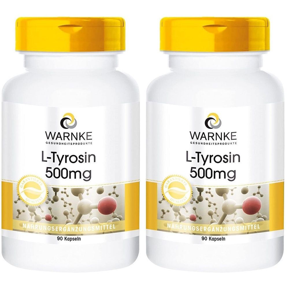 Zwei weiße Flaschen mit gelben Deckeln. Aufschrift: WARNKE L-Tyrosin 500mg. Nahrungsergänzungsmittel. 90 Kapseln.