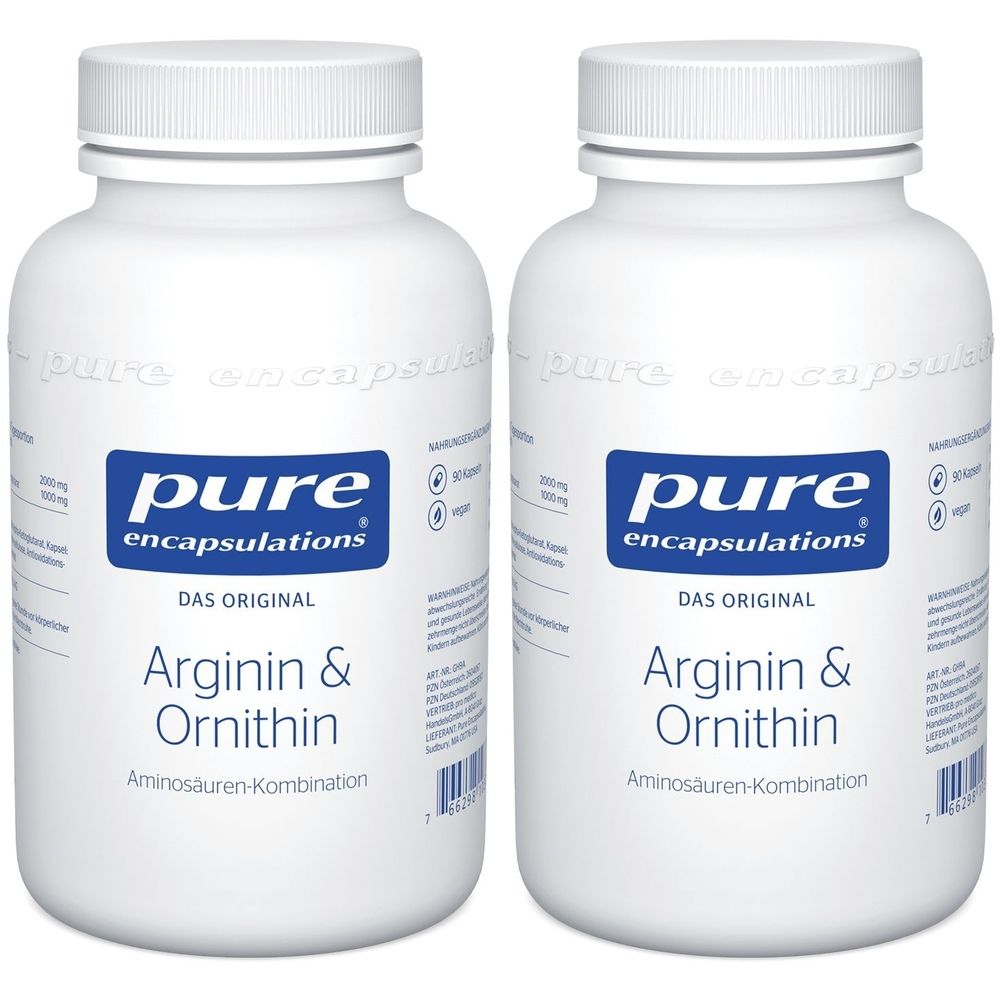 Zwei weiße Flaschen mit Etiketten. Aufschrift: Pure Encapsulations, Arginin & Ornithin, Aminosäuren-Kombination.