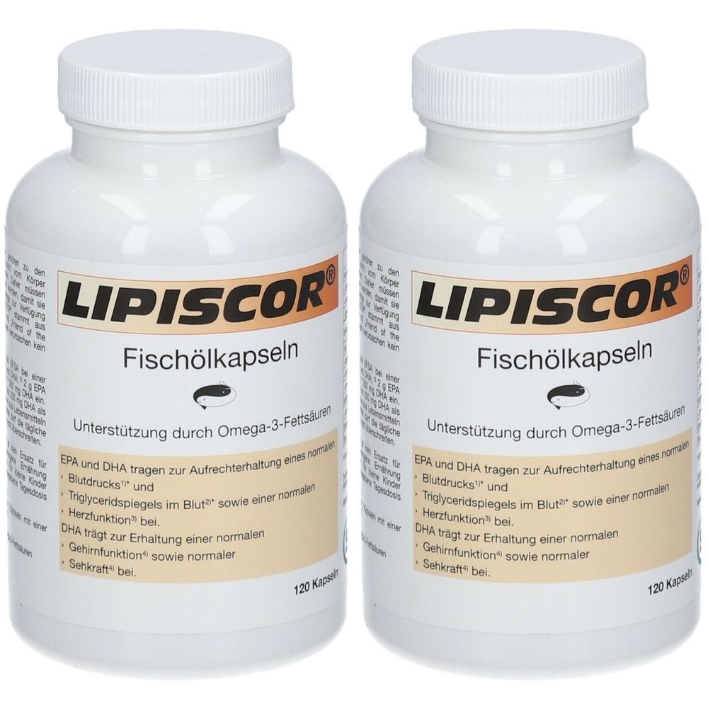 Zwei weiße Flaschen mit dem Produktnamen LIPISCOR. Aufschrift: Fischölkapseln. Text über Omega-3-Fettsäuren und weitere gesundheitliche Vorteile.