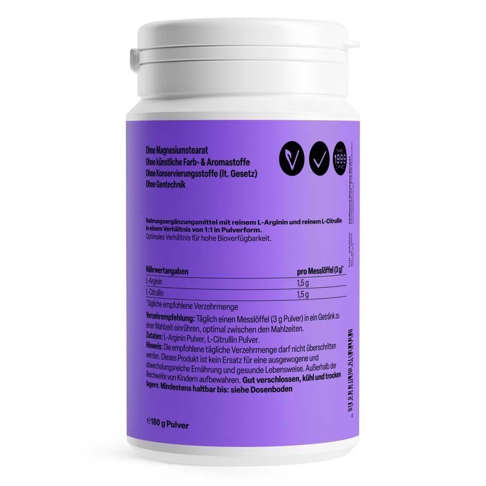 Rückseite einer Dose Zein Pharma L-Arginin + L-Citrullin Pulver, 100g, mit Hinweisen zu Inhaltsstoffen und Anwendung.