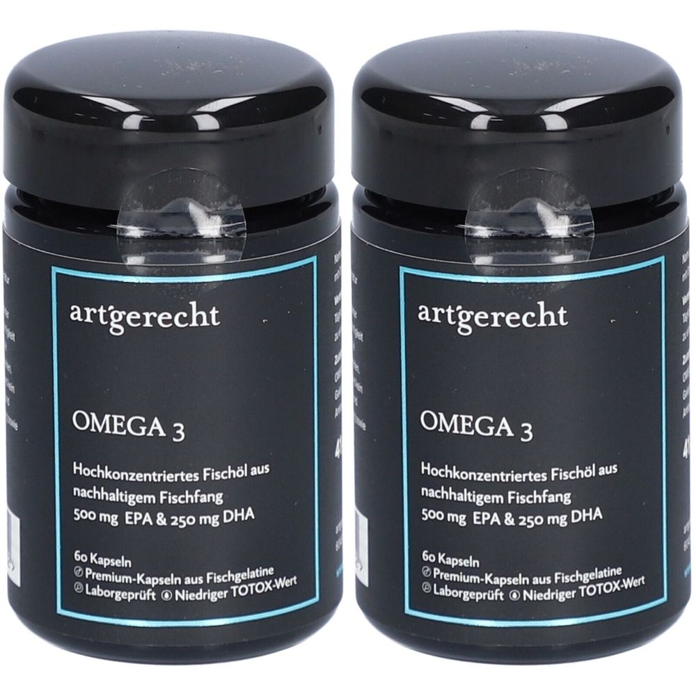 Zwei schwarze Flaschen mit Omega 3-Kapseln. Aufschrift: artgerecht, Omega 3, 60 Kapseln. Premium-Kapseln aus Fischgelatine. Laborgeprüft.