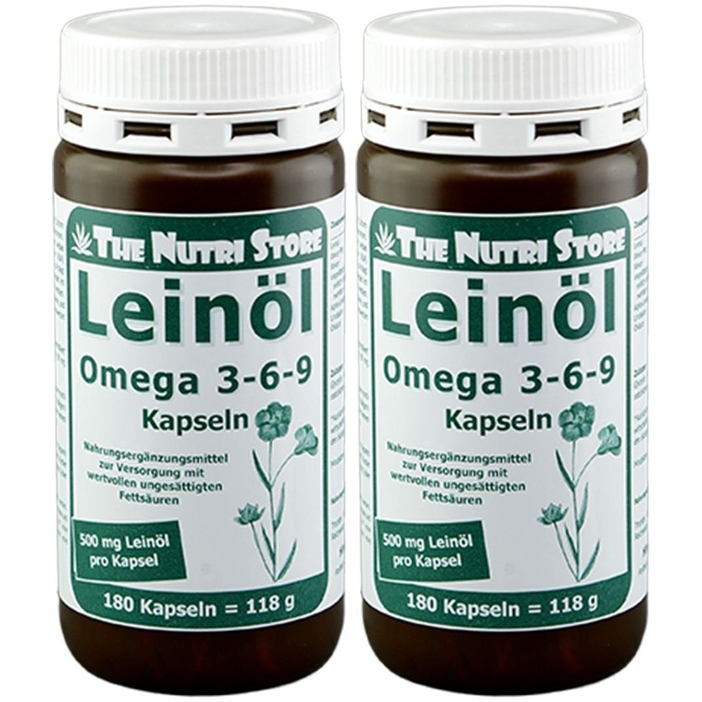 Zwei braune Flaschen mit weißem Deckel. Aufschrift: Leinöl Omega 3-6-9 Kapseln. 180 Kapseln. 500 mg Leinöl pro Kapsel.