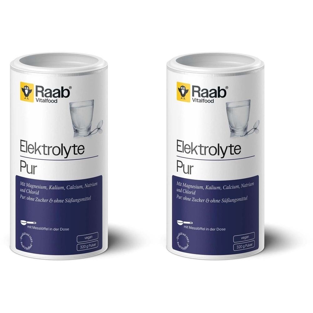 Zwei zylindrische Dosen mit weißem Deckel. Aufschrift: Elektrolyte Pur. Marke Raab Vitalfood. Abbildung eines Glases Wasser. Blaue Schrift.