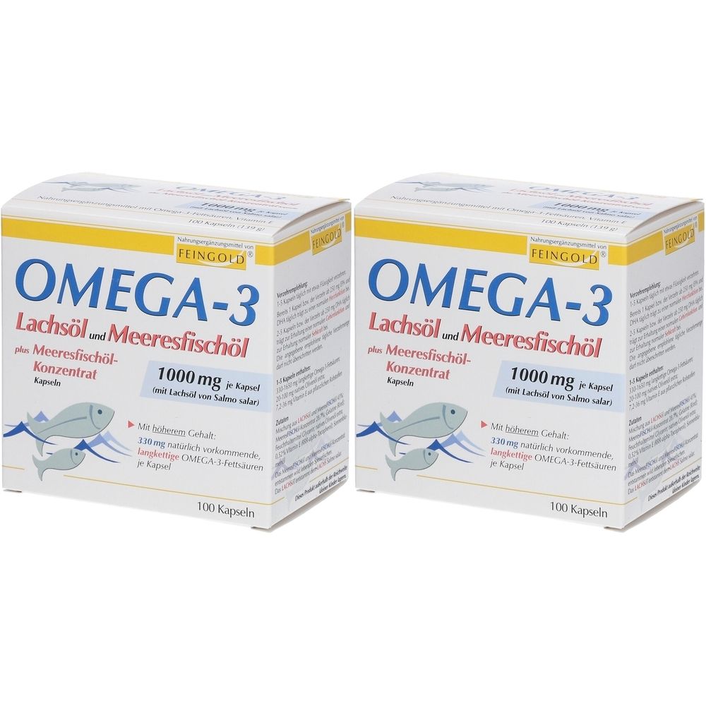 Zwei Schachteln Omega-3 Kapseln. Aufschrift: Omega-3 Lachsöl und Meeresfischöl Konzentrat, 1000 mg. Fisch-Illustration.