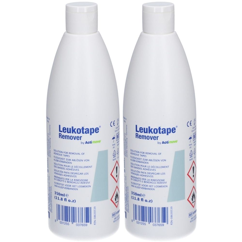 Zwei weiße Flaschen mit weißem Verschluss. Aufschrift: Leukotape Remover. 350ml. Gefahrensymbole.