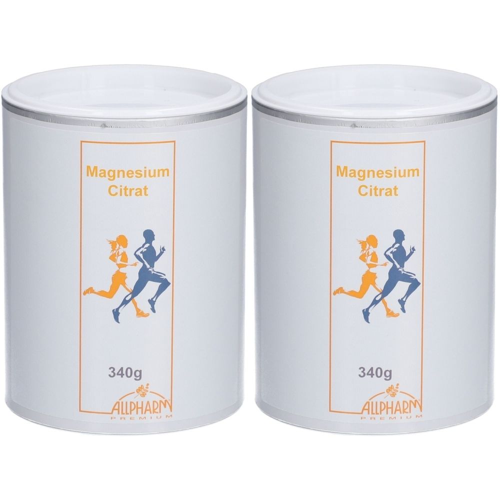 Zwei weiße Dosen mit Deckel. Aufschrift: Magnesium Citrat, 340g, Logo mit Läufern und ALLPHARM.