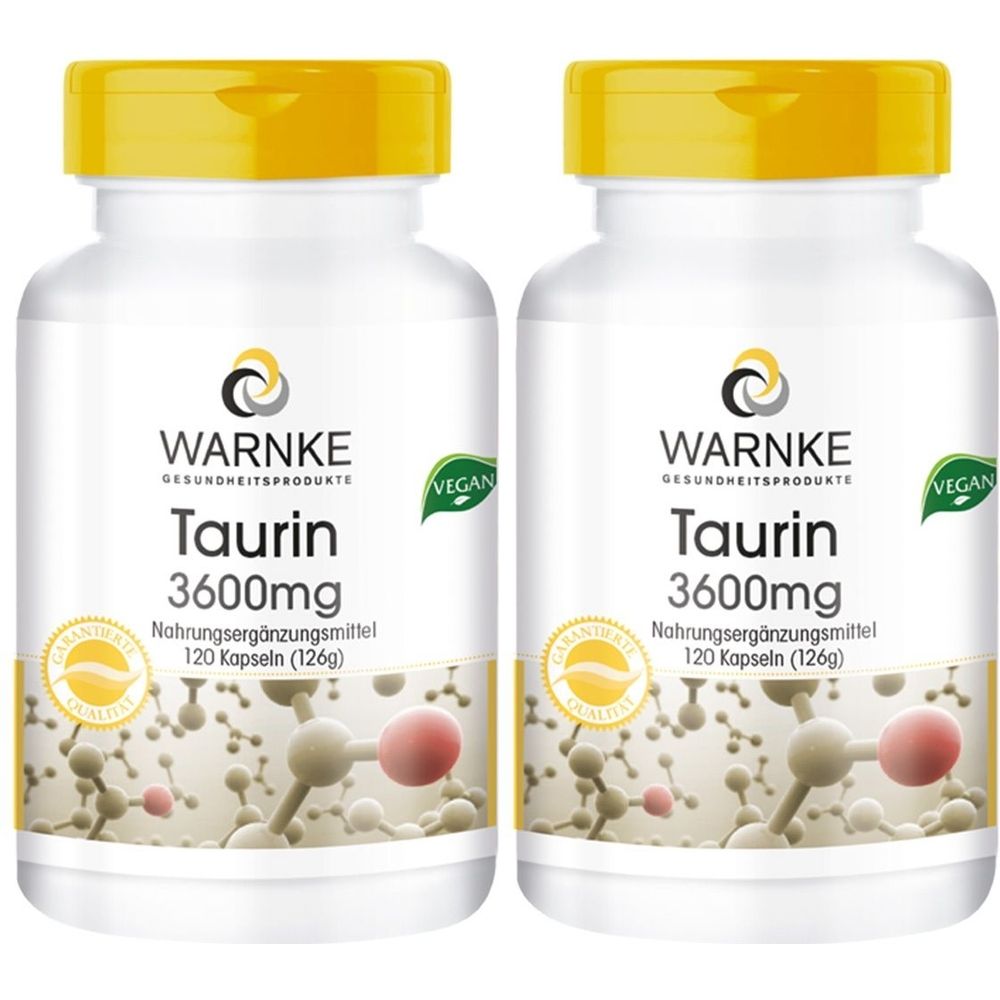 Zwei weiße Flaschen mit gelben Deckeln. Aufschrift: WARNKE Taurin 3600mg, vegan. Mit 120 Kapseln.