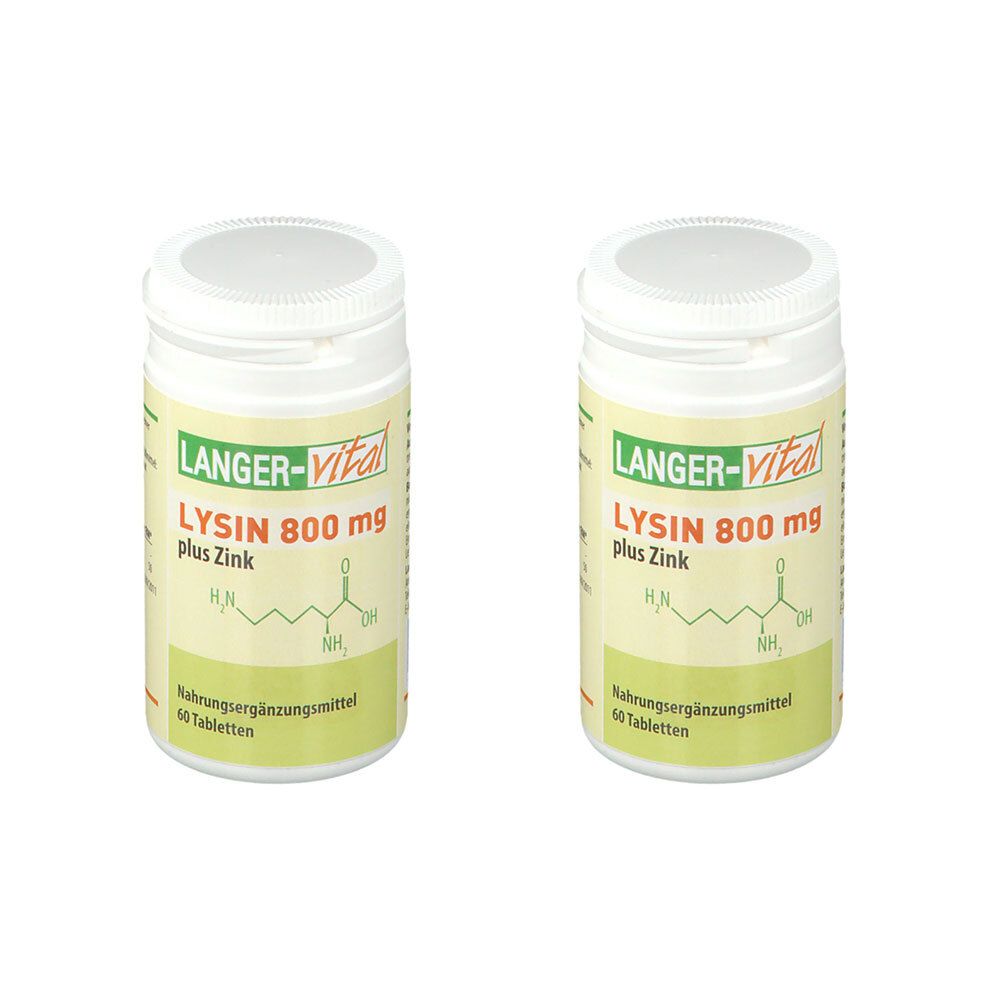 Zwei weiße Flaschen mit Etiketten. Auf den Etiketten steht: LANGER-vital LYSIN 800 mg plus Zink. Darunter eine chemische Formel und der Hinweis: Nahrungsergänzungsmittel.
