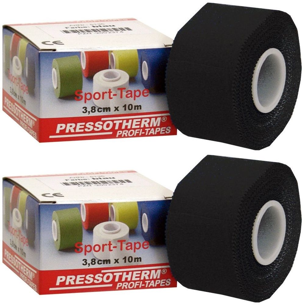 Zwei Rollen schwarzes Sport-Tape, 3,8 cm x 10 m, neben Verpackungen mit Produktinformationen und CE-Zeichen.