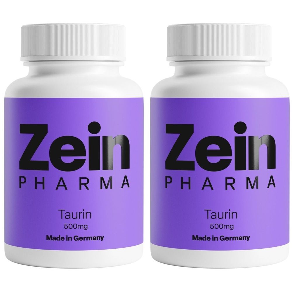Zwei Flaschen ZeinPharma Taurin 500mg. Weiße Flaschen mit lila Etikett. Aufschrift: Zein Pharma, Taurin 500mg, Made in Germany.