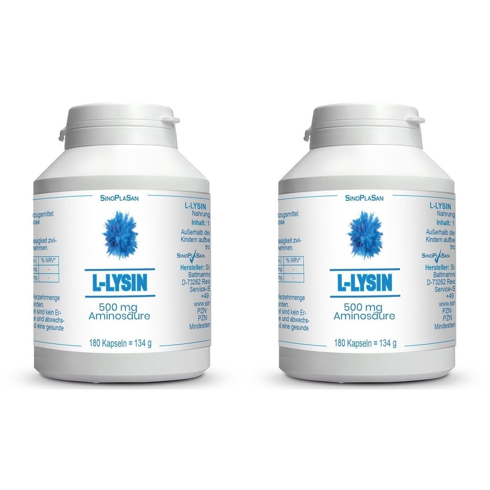 Zwei weiße Flaschen mit Schraubverschluss. Aufschrift: L-LYSIN 500 mg Aminosäure. Blaue Blume. 180 Kapseln.