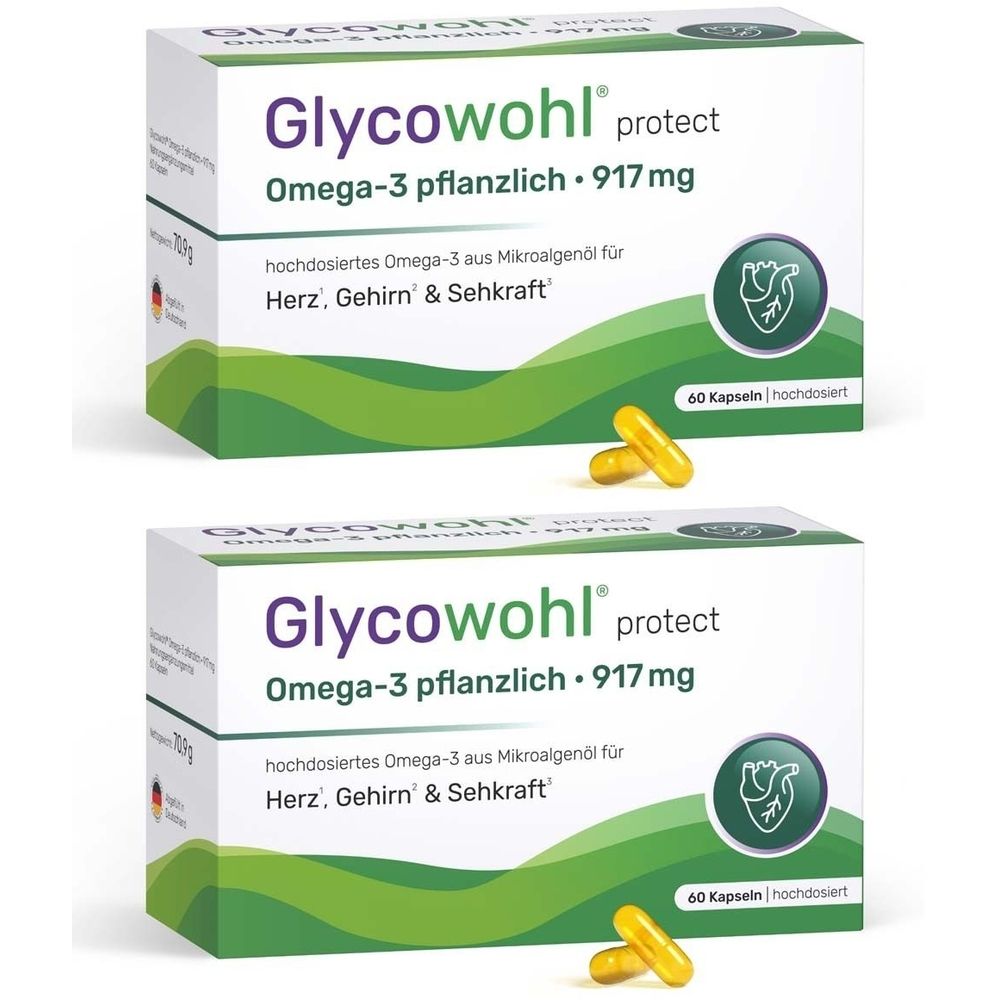 Zwei Packungen Glycowohl protect. Aufschrift: Omega-3 pflanzlich 917 mg. 60 Kapseln. Gelbe Kapseln liegen daneben.