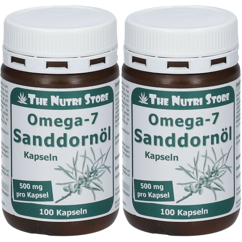 Zwei braune Flaschen mit weißem Deckel. Aufschrift: Omega-7 Sanddornöl, 500 mg pro Kapsel, 100 Kapseln. Marke: The Nutri Store.