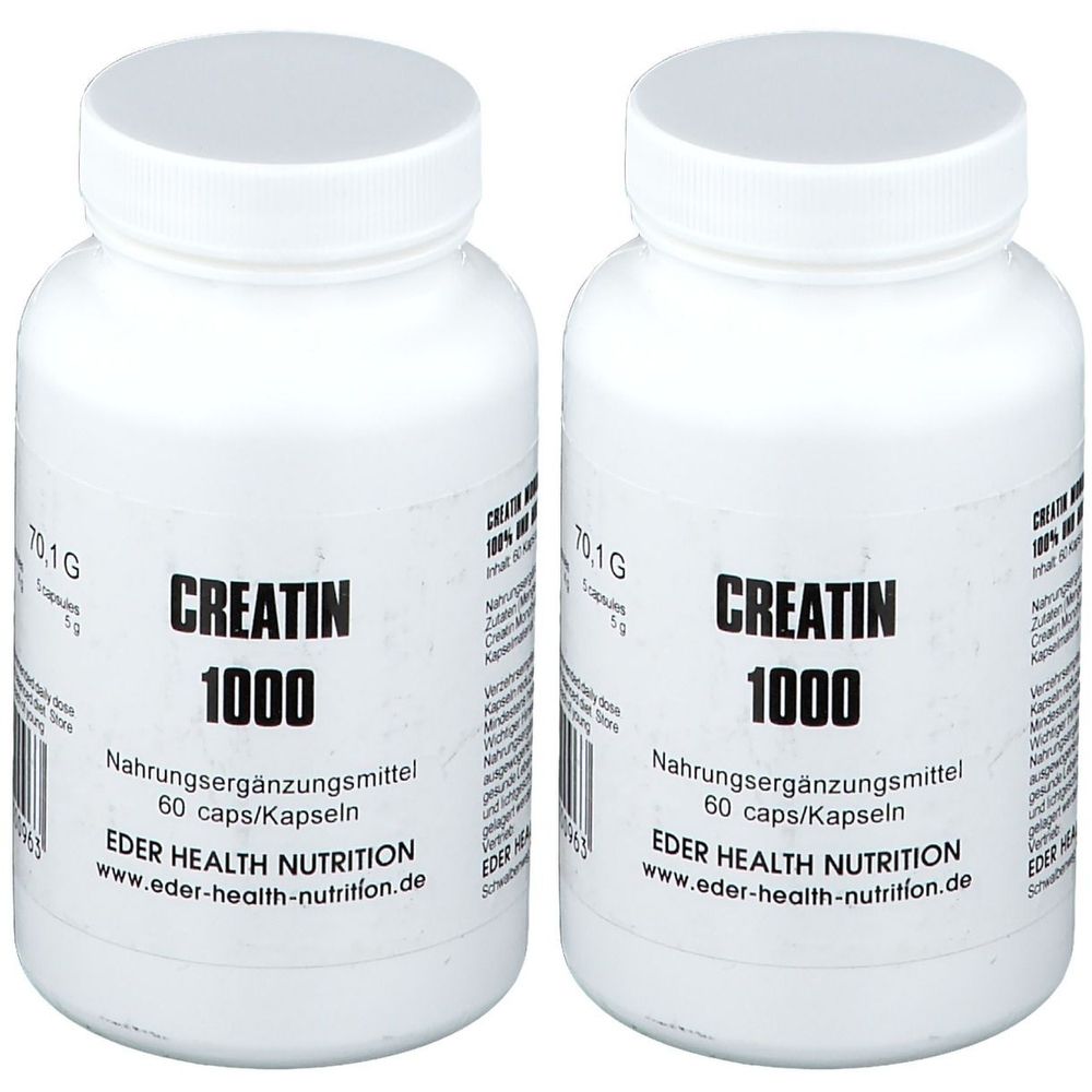 Zwei weiße Flaschen mit Schraubverschluss. Aufschrift: Creatin 1000, Nahrungsergänzungsmittel, 60 Kapseln. Marke: EDER HEALTH NUTRITION.