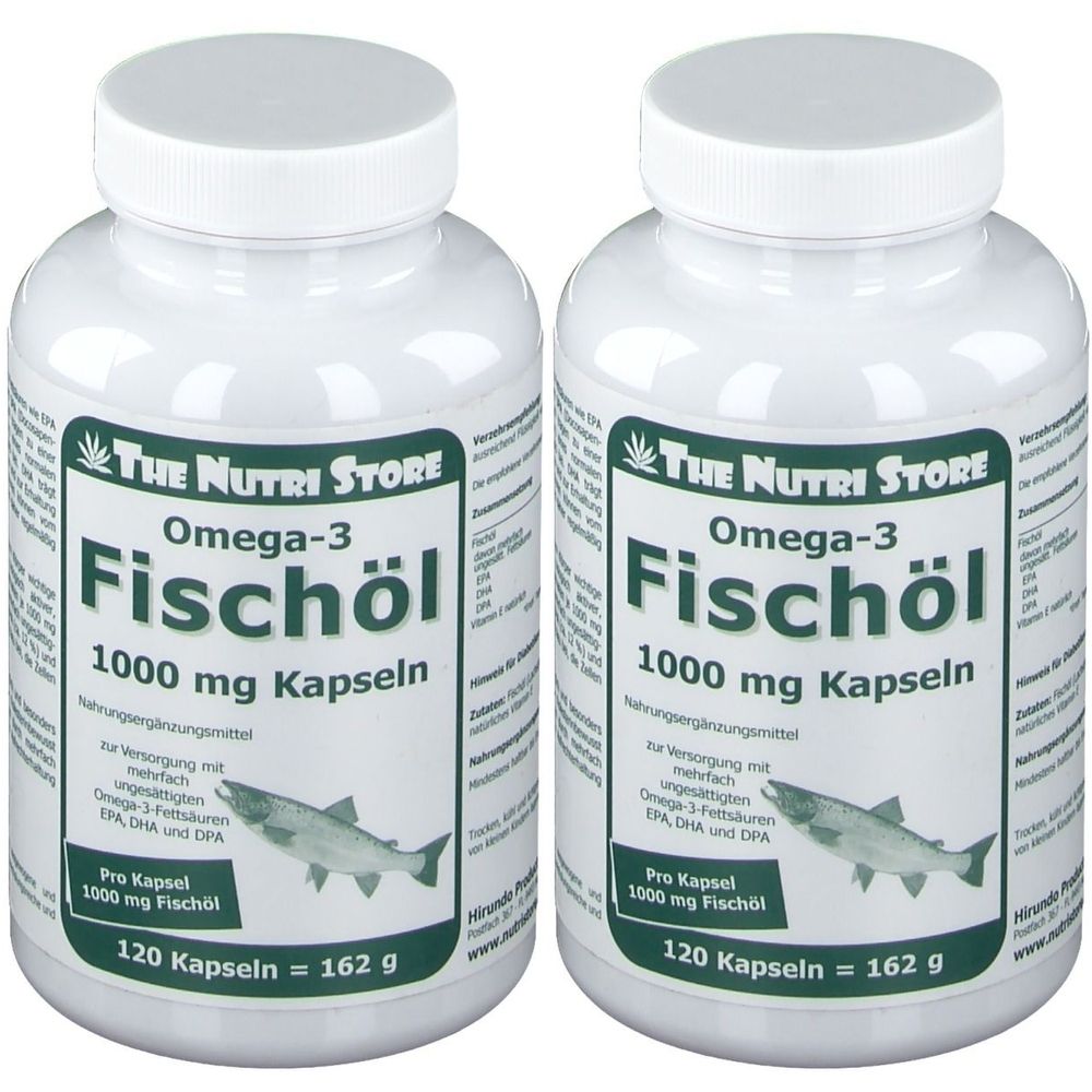 Zwei weiße Flaschen mit Omega-3 Fischöl Kapseln. Aufschrift: The Nutri Store, Omega-3 Fischöl, 1000 mg Kapseln. Jede Flasche enthält 120 Kapseln.