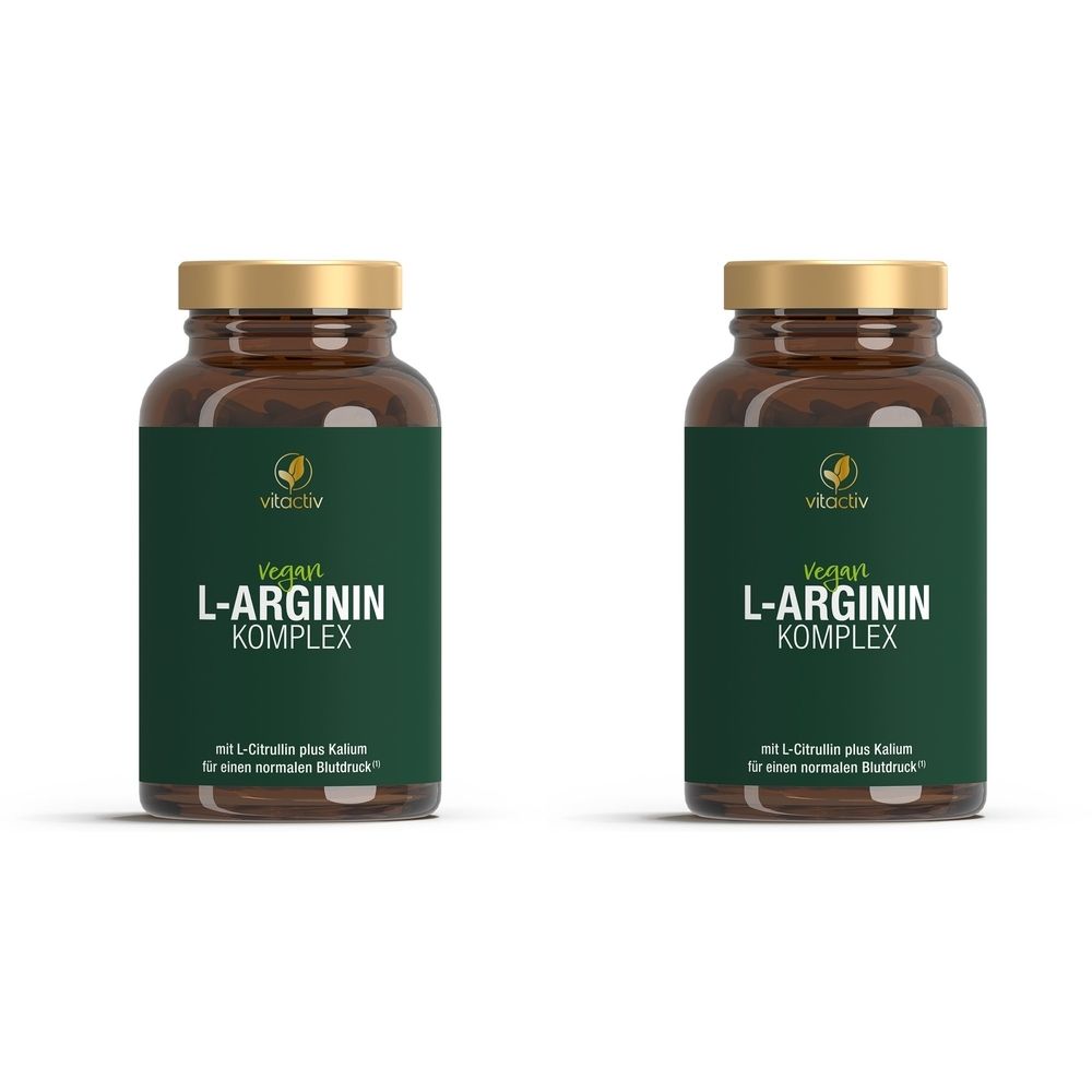 Zwei braune Glasflaschen mit goldfarbenen Deckeln. Auf den grünen Etiketten steht: Vegan L-ARGININ KOMPLEX. Marke: Vitactiv.