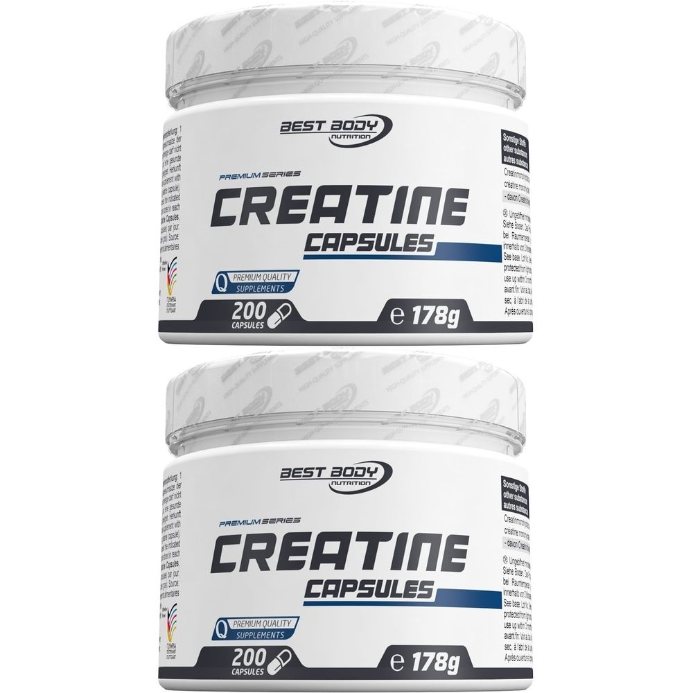 Zwei weiße Dosen mit Deckel. Aufschrift: BEST BODY Nutrition, CREATINE CAPSULES, 200 Kapseln, e 178g. Qualitäts-Siegel.