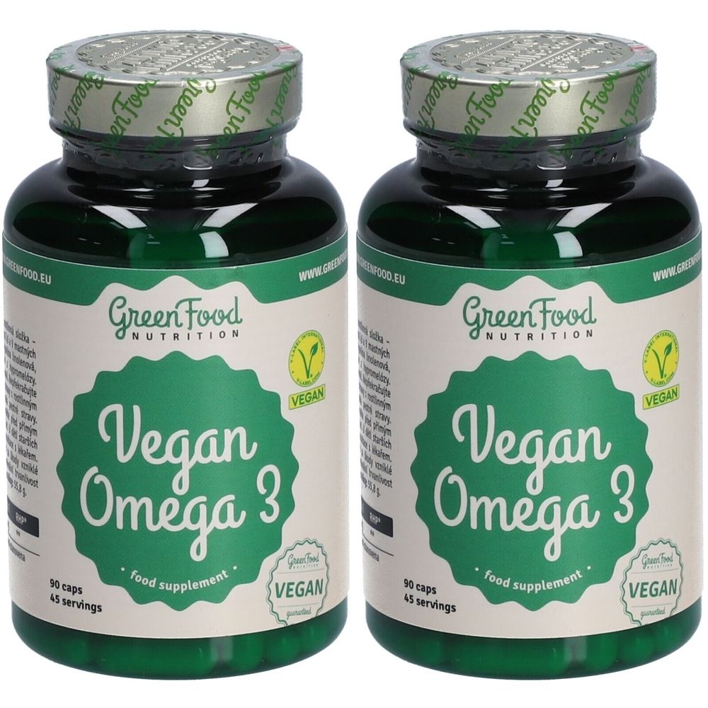 Zwei grüne Flaschen mit Kapseln. Aufschrift: Vegan Omega 3, Green Food Nutrition, vegan. 90 Kapseln, 45 Portionen.