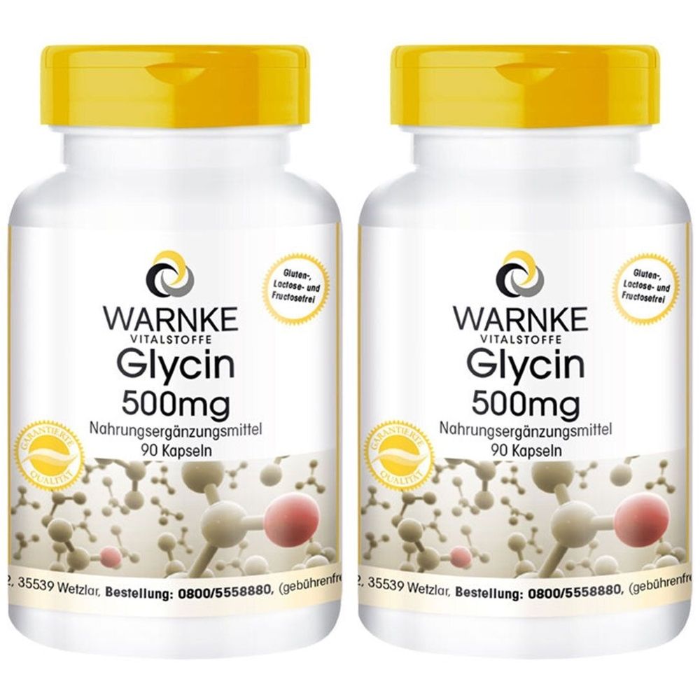Zwei weiße Flaschen mit gelben Deckeln. Aufschrift: WARNKE Glycin 500mg, Nahrungsergänzungsmittel. 90 Kapseln. Gluten-, Laktose- und Fructosefrei.