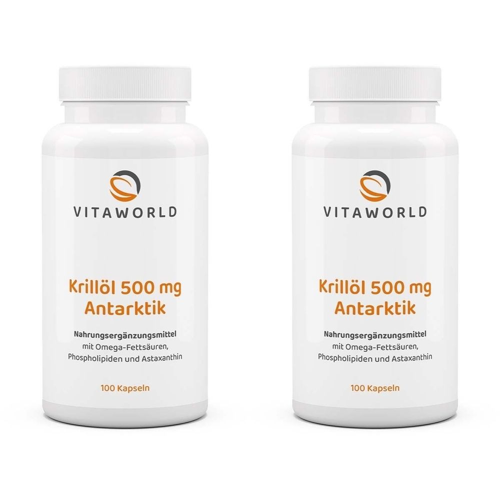 Zwei weiße Flaschen mit dem Produkt Krillöl 500 mg Antarktik. Aufschrift: VITAWORLD, 100 Kapseln. Nahrungsergänzungsmittel.
