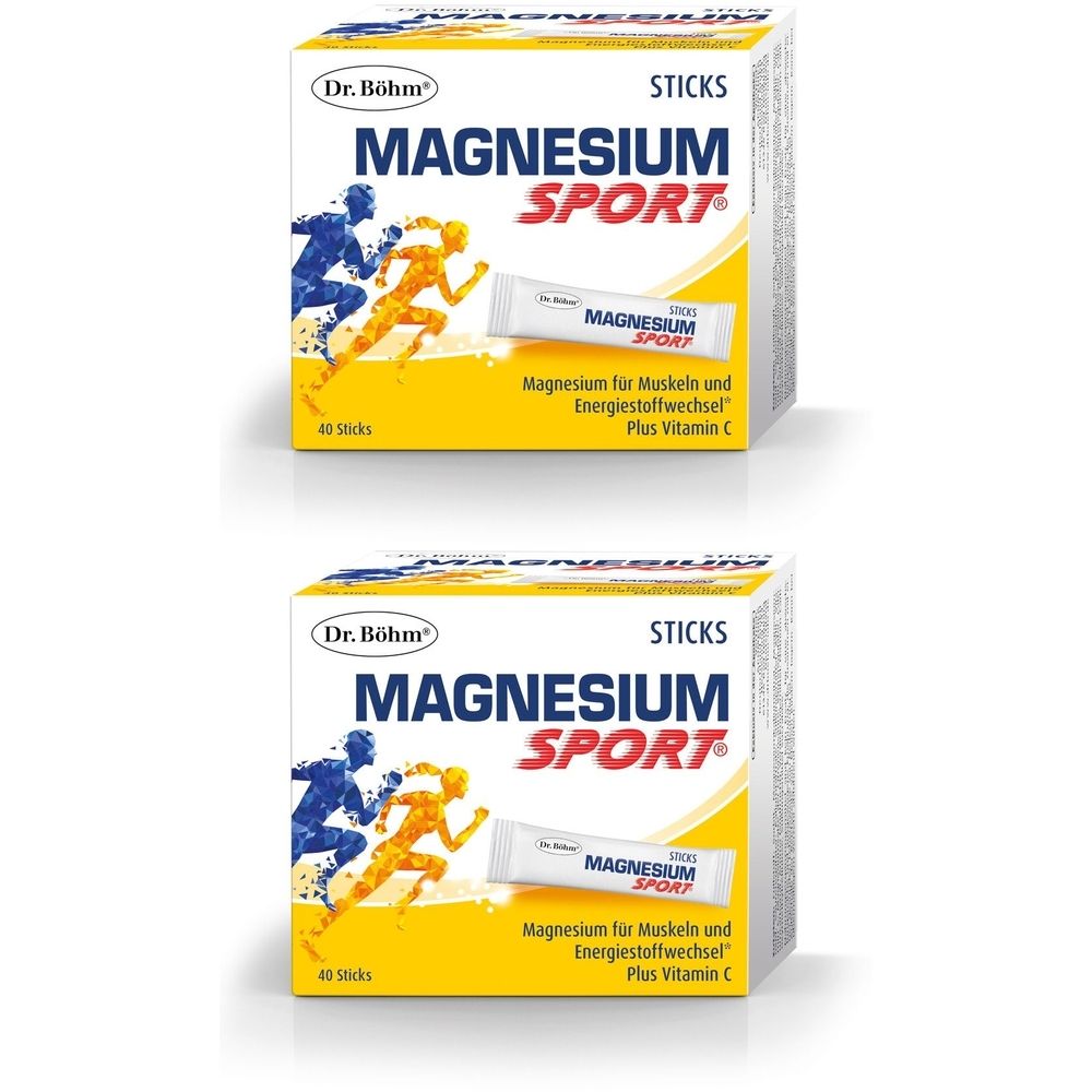Zwei Packungen Dr. Böhm Magnesium Sport Sticks. Weiße Verpackung mit Produktnamen und Läufer-Illustration. Enthält 40 Sticks.