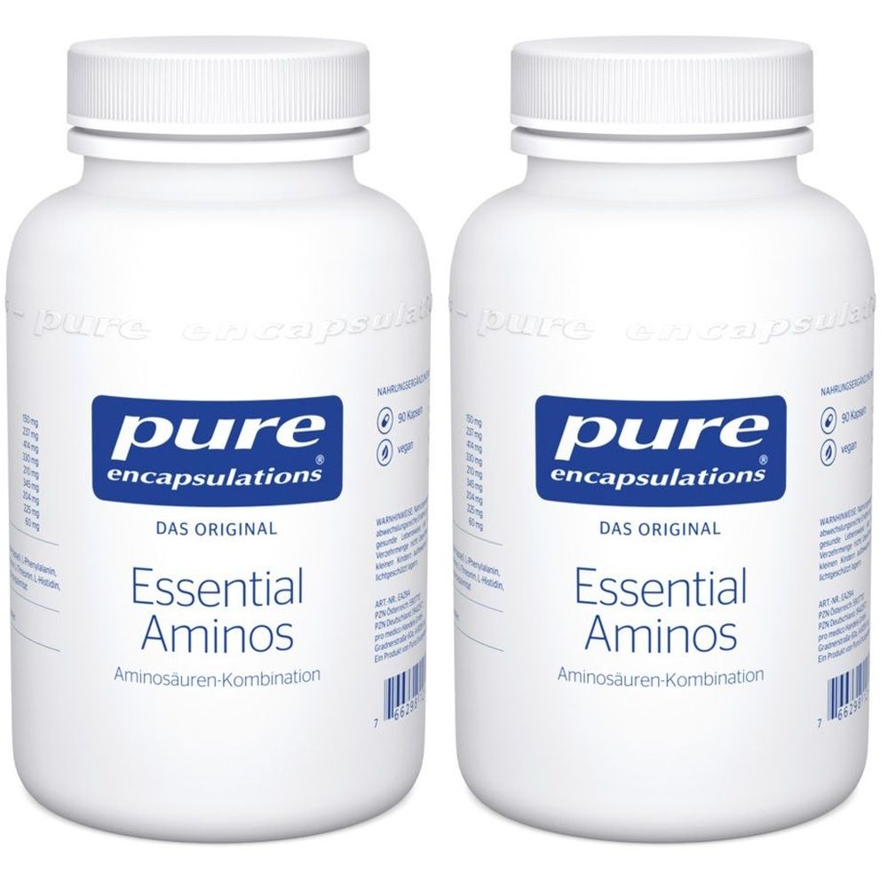 Zwei weiße Flaschen mit Schraubverschluss. Aufschrift: Pure Encapsulations, Essential Aminos. Aminosäuren-Kombination. Vegan.
