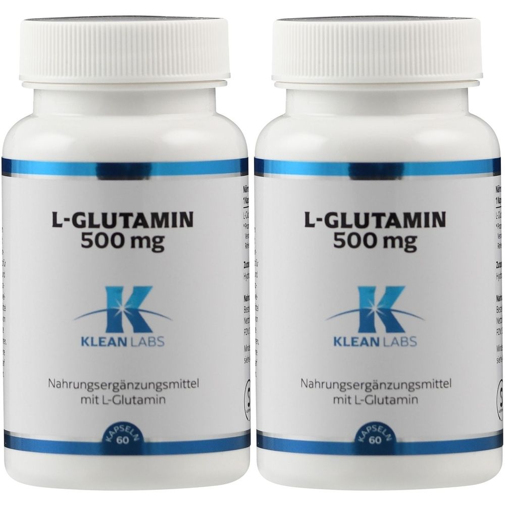 Zwei weiße Flaschen mit Schraubverschluss. Aufschrift: L-Glutamin 500 mg, Klean Labs. Nahrungsergänzungsmittel mit L-Glutamin. Kapseln 60.