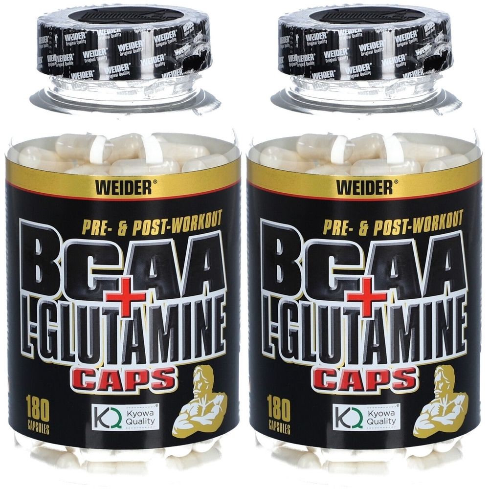 Zwei Dosen mit Kapseln. Aufschrift: Weider BCAA + L-Glutamine CAPS. 180 Kapseln. Kyowa Quality-Siegel. Schwarzer Hintergrund mit gelben und roten Akzenten.