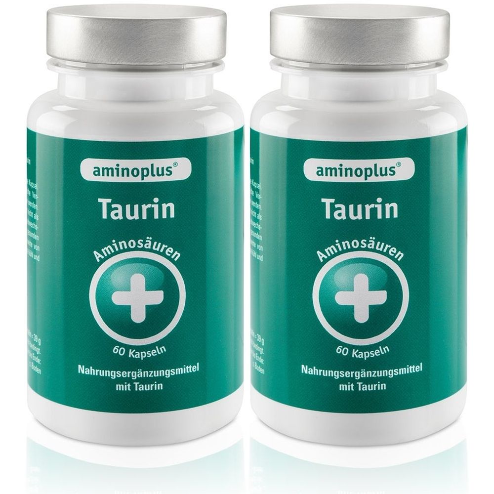 Zwei weiße Flaschen mit silbernen Deckeln. Auf den Flaschen steht "aminoplus Taurin Aminosäuren" und ein Pluszeichen. 60 Kapseln.