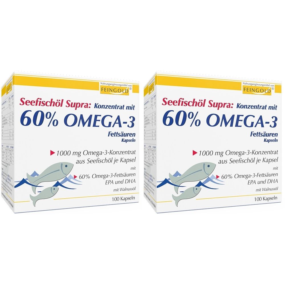 Zwei Schachteln Seefischöl Supra. Aufschrift: 60% Omega-3, 1000 mg Konzentrat, 100 Kapseln. Fisch-Illustrationen.