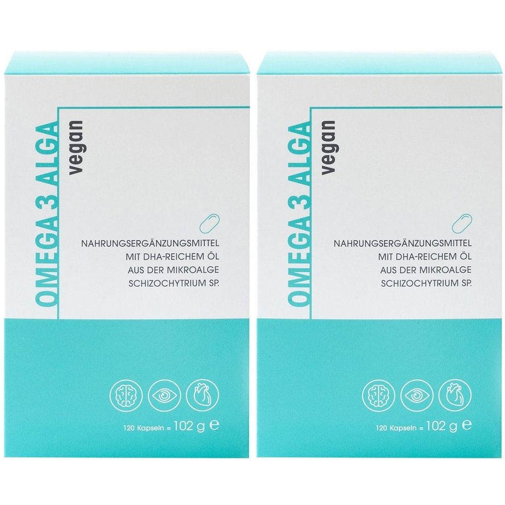 Zwei Packungen OMEGA 3 ALGA vegan. Nahrungsergänzungsmittel mit DHA-reichem Öl aus Mikroalge. 120 Kapseln. Türkis-weiße Verpackung.