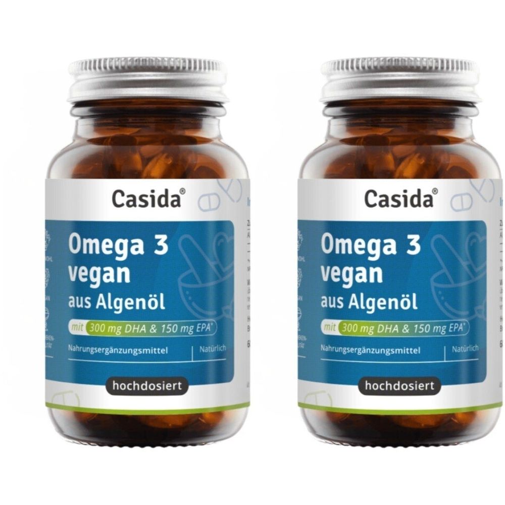 Zwei braune Glasflaschen mit silbernen Deckeln. Auf den Etiketten steht "Casida Omega 3 vegan aus Algenöl".
