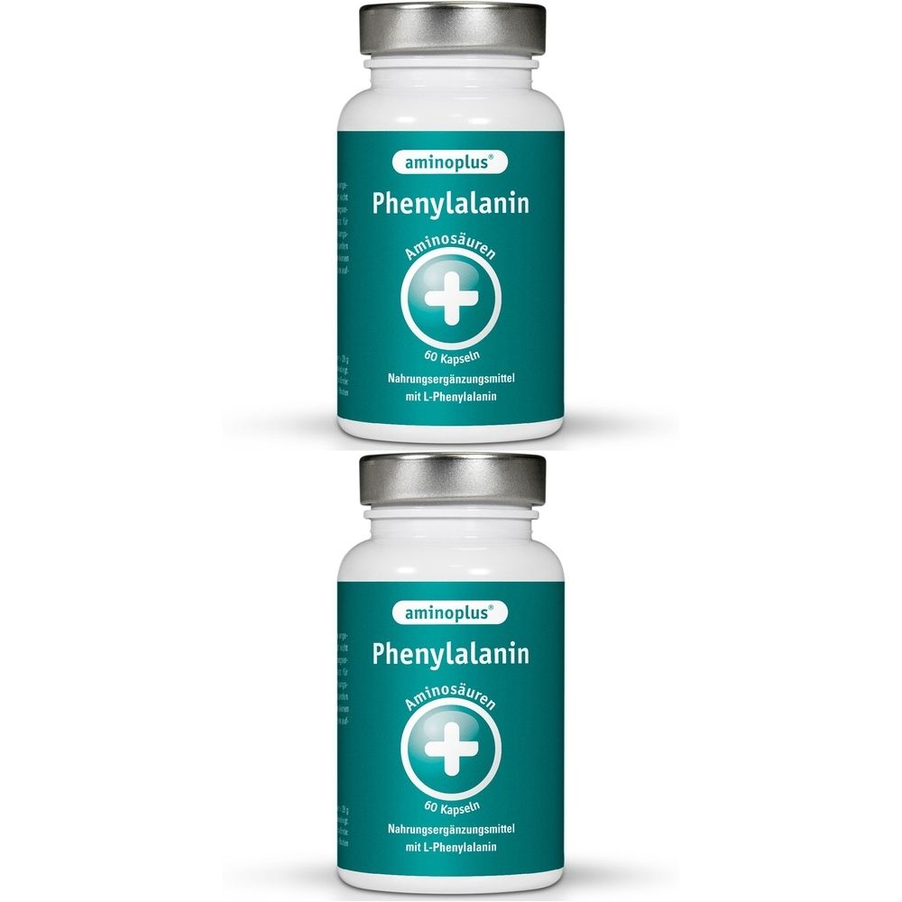 Zwei weiße Flaschen mit silbernen Deckeln. Aufschrift: aminoplus Phenylalanin, Aminosäuren, Plus-Symbol, 60 Kapseln.