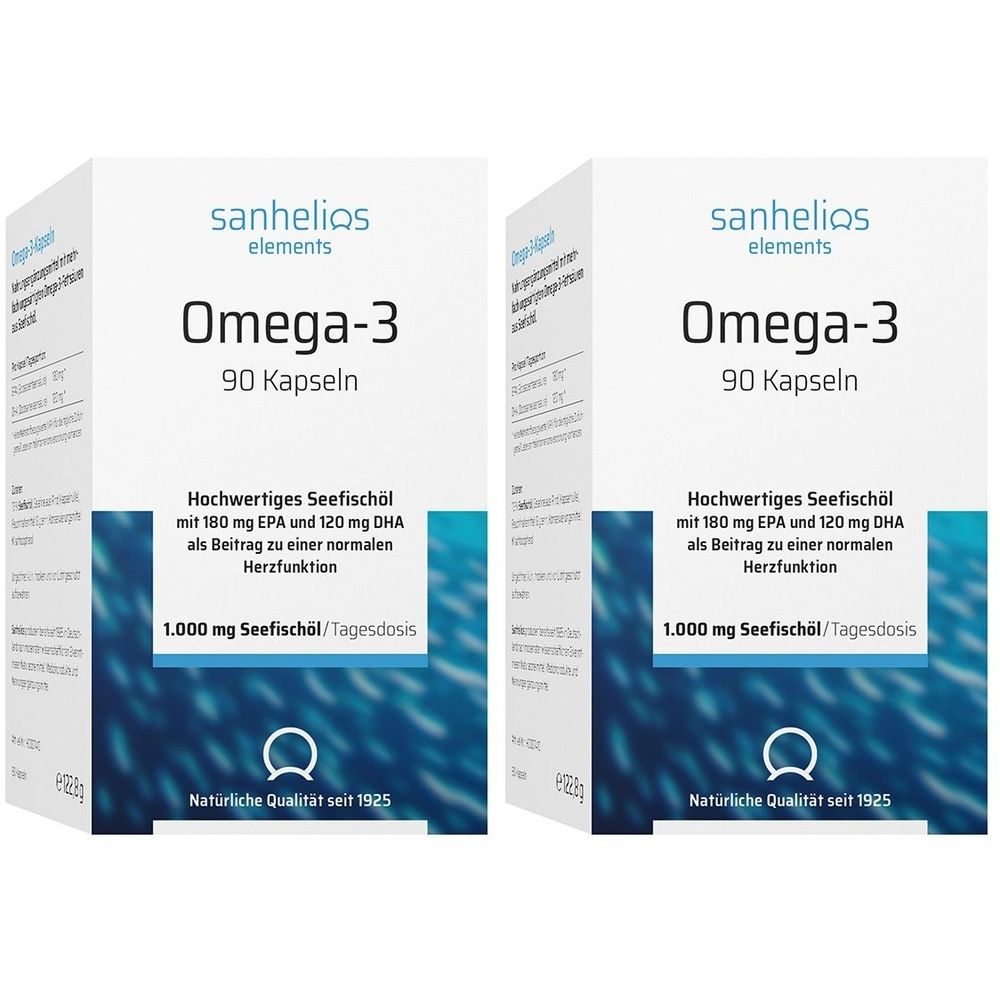 Zwei Schachteln Sanhelios Omega-3 Kapseln. Aufschrift: Omega-3, 90 Kapseln. Text: Hochwertiges Seefischöl, 1.000 mg Seefischöl/Tagesdosis.
