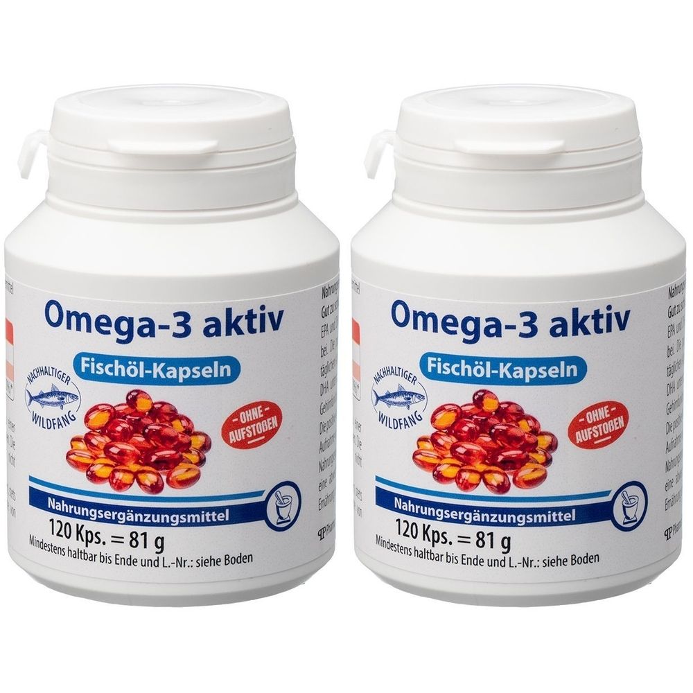 Zwei weiße Flaschen mit Omega-3 aktiv Fischöl-Kapseln. Aufschrift: Nahrungsergänzungsmittel, 120 Kps. = 81 g.