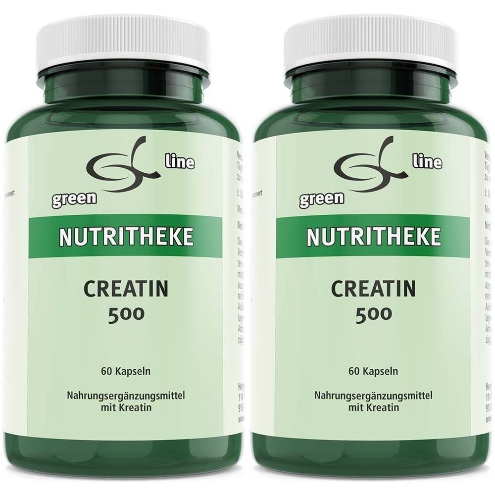 Zwei grüne Flaschen mit weißen Deckeln. Aufschrift: green line NUTRITHEKE CREATIN 500. Enthält 60 Kapseln. Nahrungsergänzungsmittel mit Kreatin.