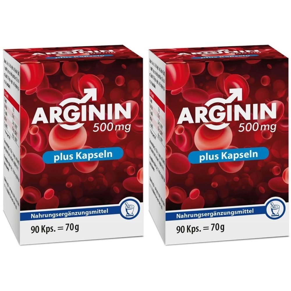 Zwei rechteckige Schachteln mit rotem Hintergrund und weißen Buchstaben. Aufschrift: ARGININ 500mg plus Kapseln. 90 Kps. = 70g.
