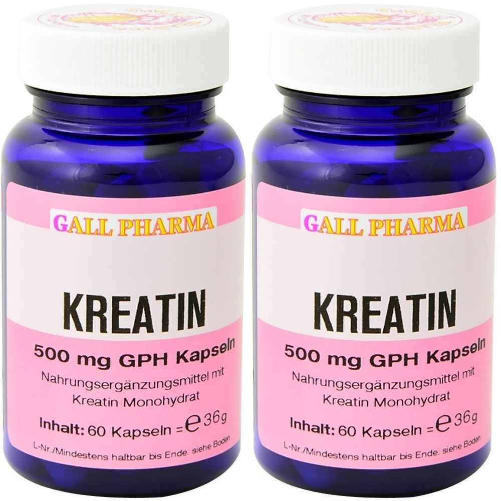 Zwei blaue Flaschen mit weißen Deckeln und rosa Etiketten. Aufschrift: KREATIN, 500 mg GPH Kapseln. Enthält 60 Kapseln.